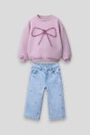 Girls' Cotton Pink Bow Patterned Sweatshirt & Embroidered Denim Pants Set