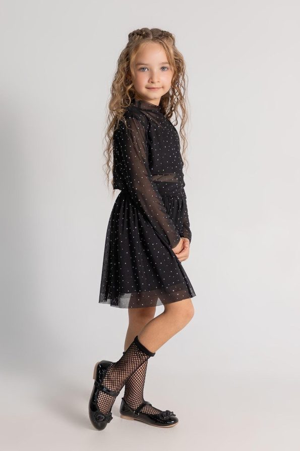 Girls' Black Tulle Polka Dot Long Sleeve Dress Set - Elegant Party & Special Occasion Design