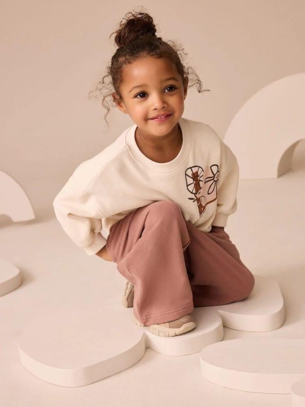 Girls' Cotton Ecru Printed Sweatshirt and Rose Dust Tracksuit - Comfortable Fit