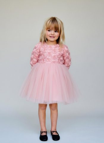 Girls' Cotton Pink Floral Pattern Appliquéd Tulle Dress - Special Occasion and Party Dress