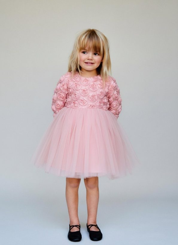 Girls' Cotton Pink Floral Pattern Appliquéd Tulle Dress - Special Occasion and Party Dress