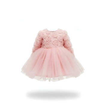 Girls' Cotton Pink Floral Pattern Appliquéd Tulle Dress - Special Occasion and Party Dress