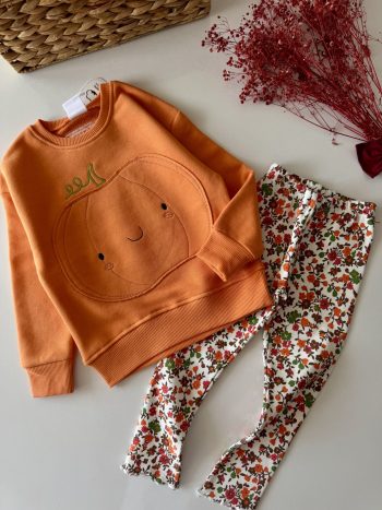 Pumpkin Pattern Floral Daphne Set with Leggings - Orange