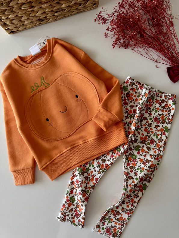 Pumpkin Pattern Floral Daphne Set with Leggings - Orange