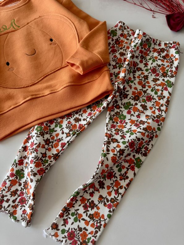Pumpkin Pattern Floral Daphne Set with Leggings - Orange
