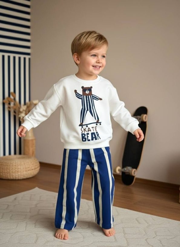 Bear Print Striped Set - Blue