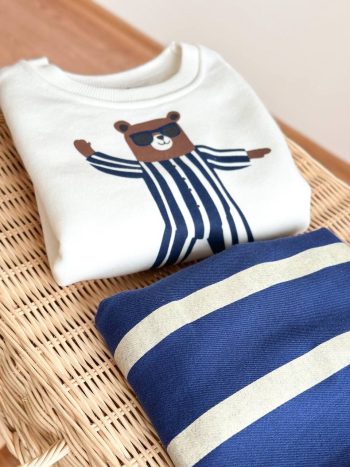 Bear Print Striped Set - Blue