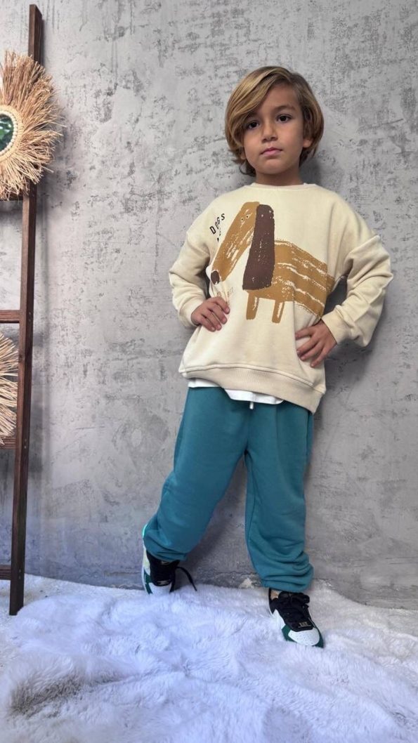 Dog Print Outfit - Cream Blue