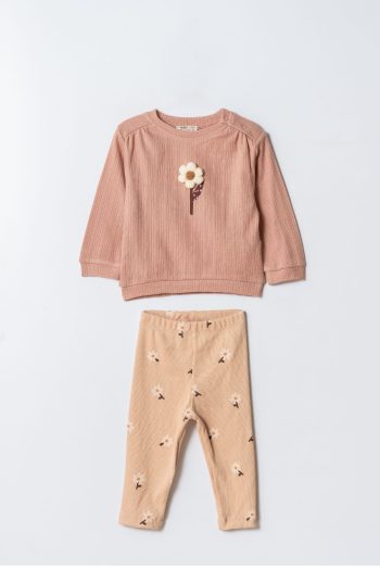 Girls' Cotton Pink Floral Patterned Two-Piece Set - Sweatshirt and Leggings