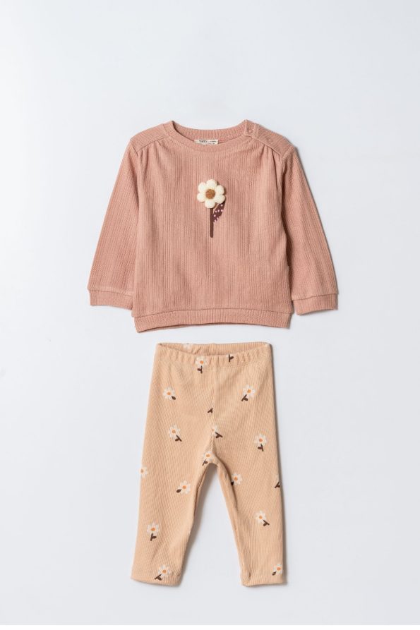 Girls' Cotton Pink Floral Patterned Two-Piece Set - Sweatshirt and Leggings