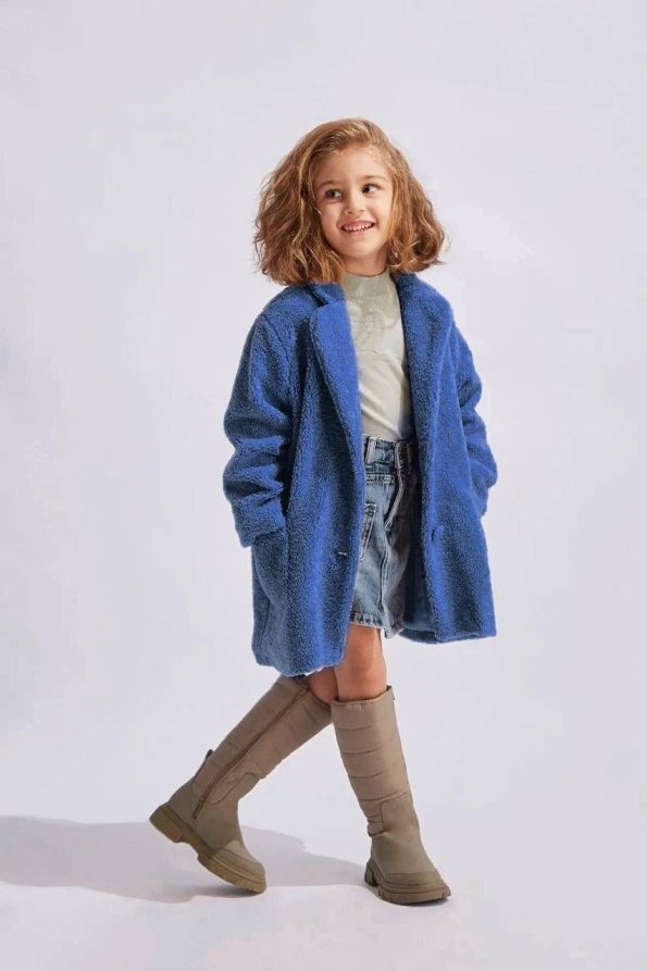 Girls' Cotton Blue Plush Fur Coat - Buttoned, Soft Texture, Lined