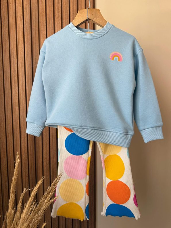 Girls' Cotton Blue Sweatshirt and Colorful Polka Dot Flare Pants Set - Energetic Style