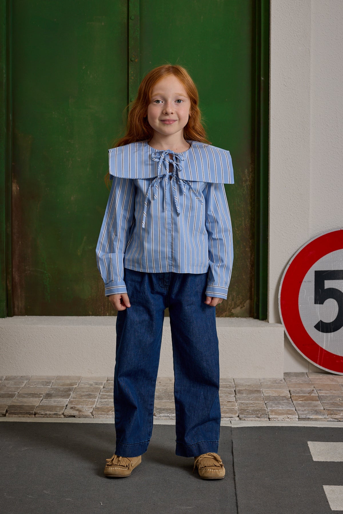 bagcik-detayli-cizgili-gomlek-mavi-10785.jpg Striped Shirt with Lace-Up Detail in Blue