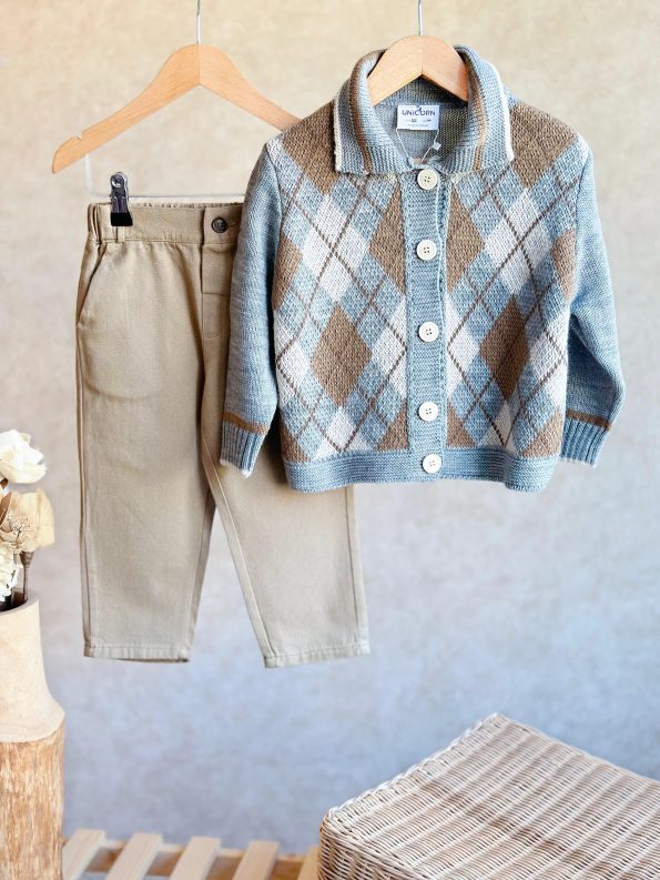 Boys' Cotton Blue Checkered Knit Cardigan and Beige Pants Set