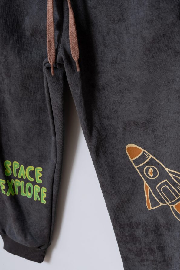 Boys' Cotton Charcoal Space-Themed Tracksuit - Planet and Rocket Print
