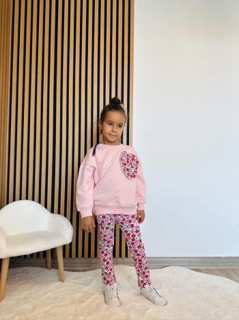 Girls' Cotton Pink Heart Patterned Sweatshirt and Floral Leggings Set