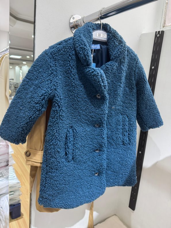 Girls' Cotton Blue Plush Fur Coat - Buttoned, Soft Texture, Lined