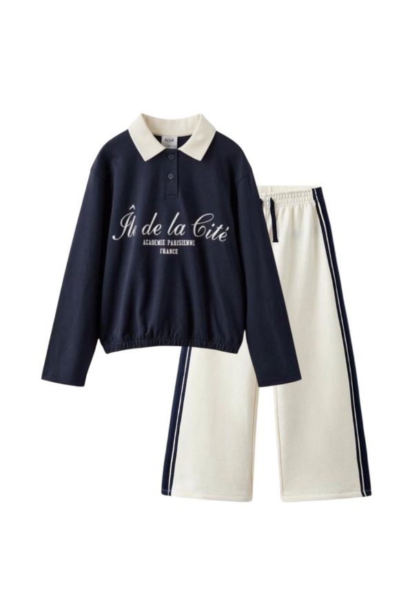 Girls' Cotton Navy Blue-White Paris Print Polo Collar Tracksuit