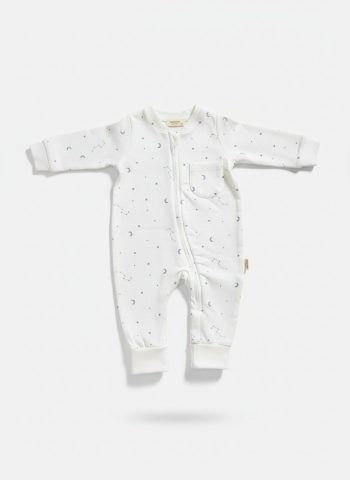 Unisex Cotton Ecru Sky Pattern Long Sleeve Zip-Up Romper – Moon and Star Print