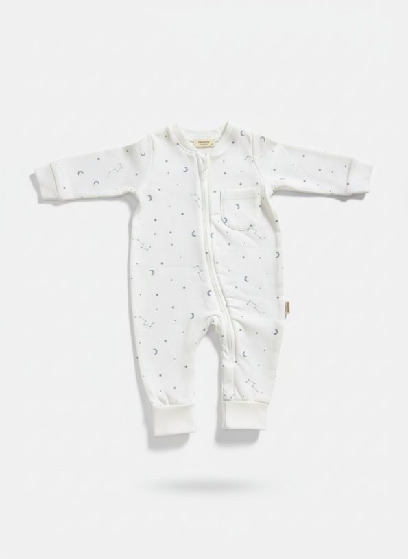 Unisex Cotton Ecru Sky Pattern Long Sleeve Zip-Up Romper – Moon and Star Print
