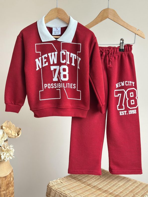 Girls' Cotton Burgundy New City 78 Printed Tracksuit - Comfortable Fit