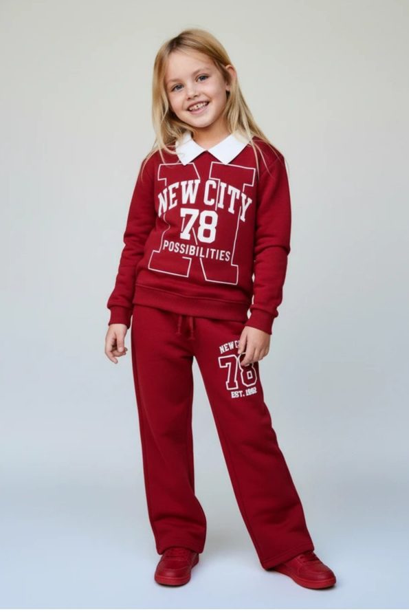 Girls' Cotton Burgundy New City 78 Printed Tracksuit - Comfortable Fit