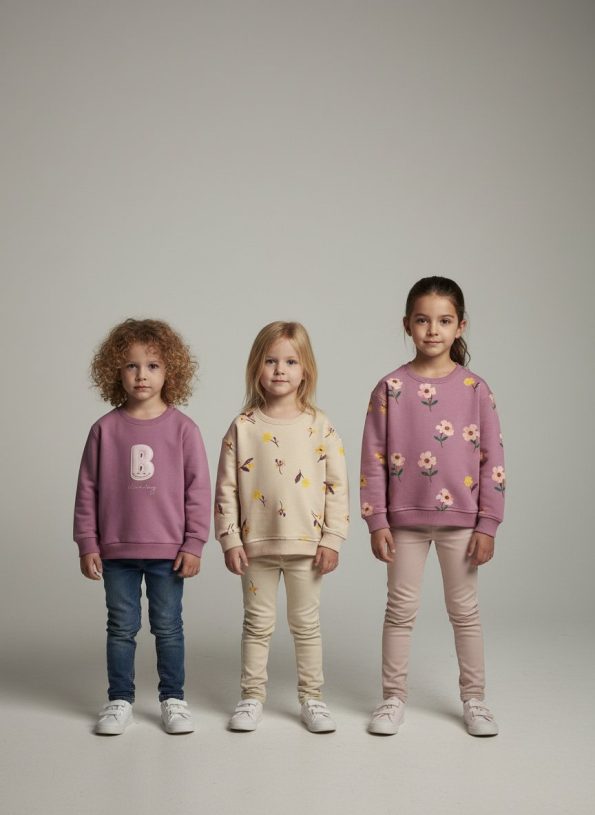 Girls' Cotton 3-Piece Sweatshirt Set - Floral and Embroidered Designs