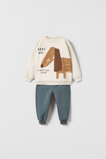 Boys' Cotton Cream Dog Print Sweatshirt and Blue Sweatpants Set
