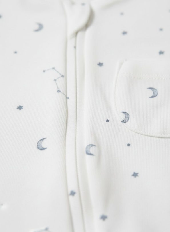 Unisex Cotton Ecru Sky Pattern Long Sleeve Zip-Up Romper – Moon and Star Print