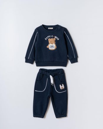 Boys' Cotton Navy Sweatshirt and Bear Embroidered Jogger Set