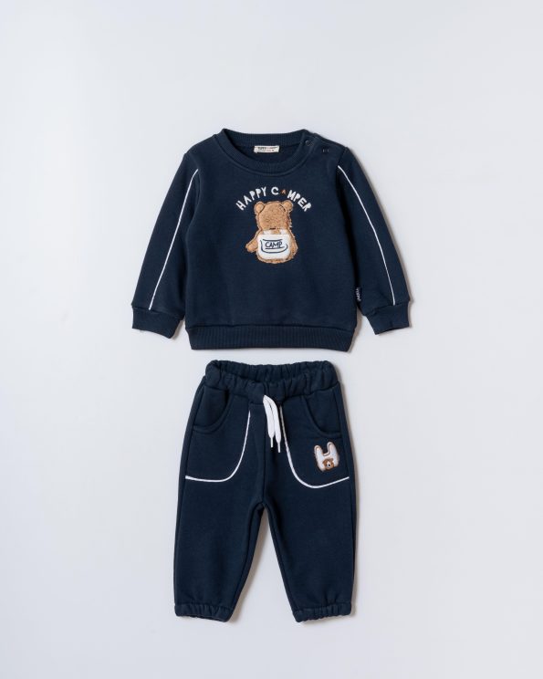 Boys' Cotton Navy Sweatshirt and Bear Embroidered Jogger Set