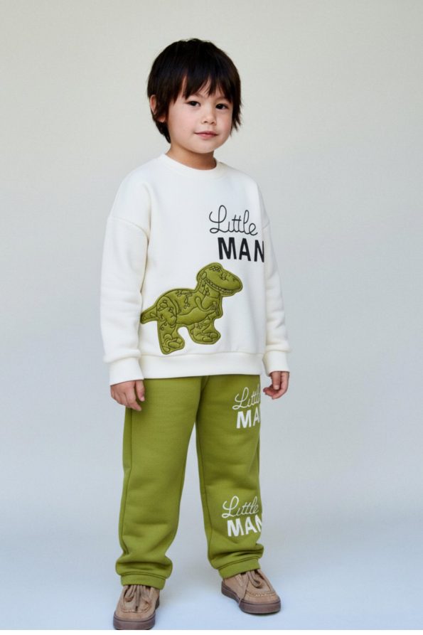 Boys' Cotton Green Little Man Dinosaur Print Tracksuit - Comfortable Fit