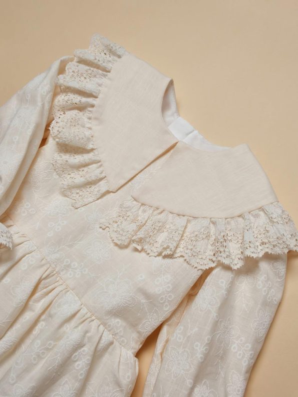 Girls' Cotton Cream Lace Ruffle Collar Long Sleeve Dress - Elegant Wedding & Special Occasion Style