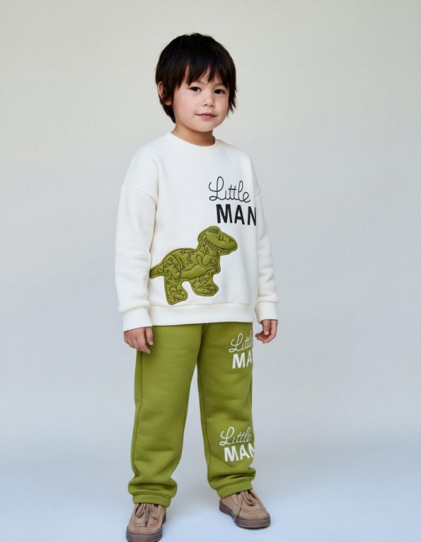 Boys' Cotton Green Little Man Dinosaur Print Tracksuit - Comfortable Fit