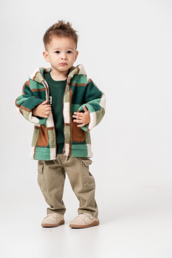 Boys' Green Checkered Cotton Hooded Zippered Fleece Jacket