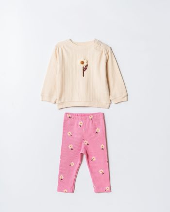 Girls' Cotton Cream Sweatshirt and Pink Floral Leggings Set