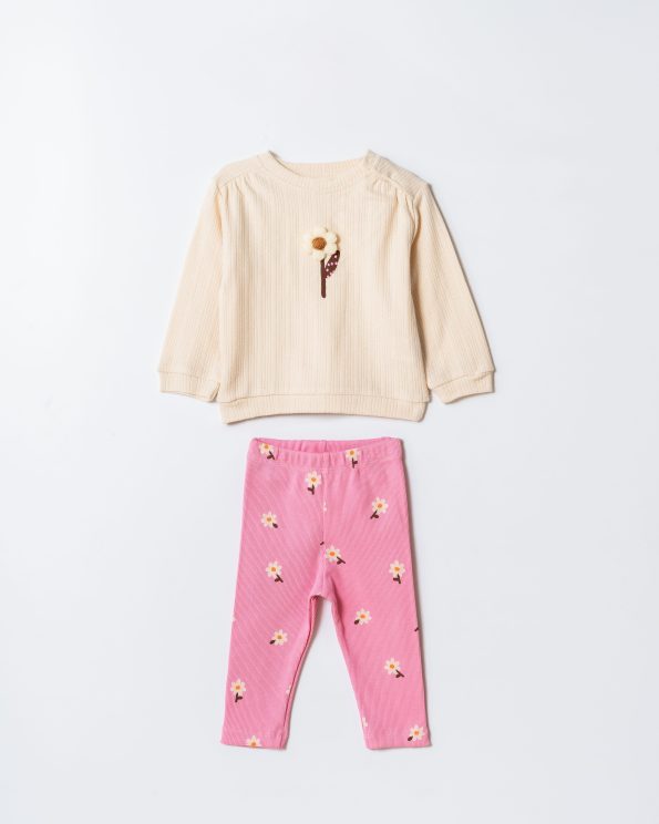 Girls' Cotton Cream Sweatshirt and Pink Floral Leggings Set