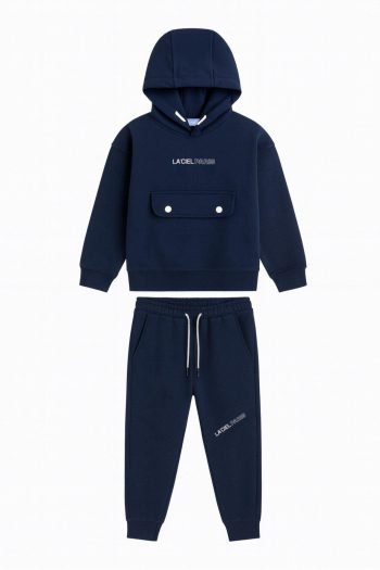 Boys' Cotton Navy Blue Hooded Printed Tracksuit