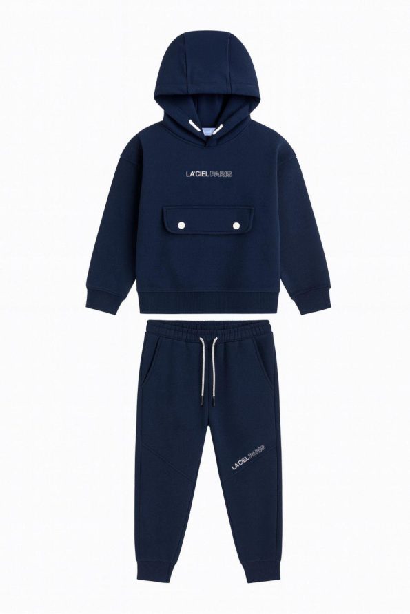 Boys' Cotton Navy Blue Hooded Printed Tracksuit