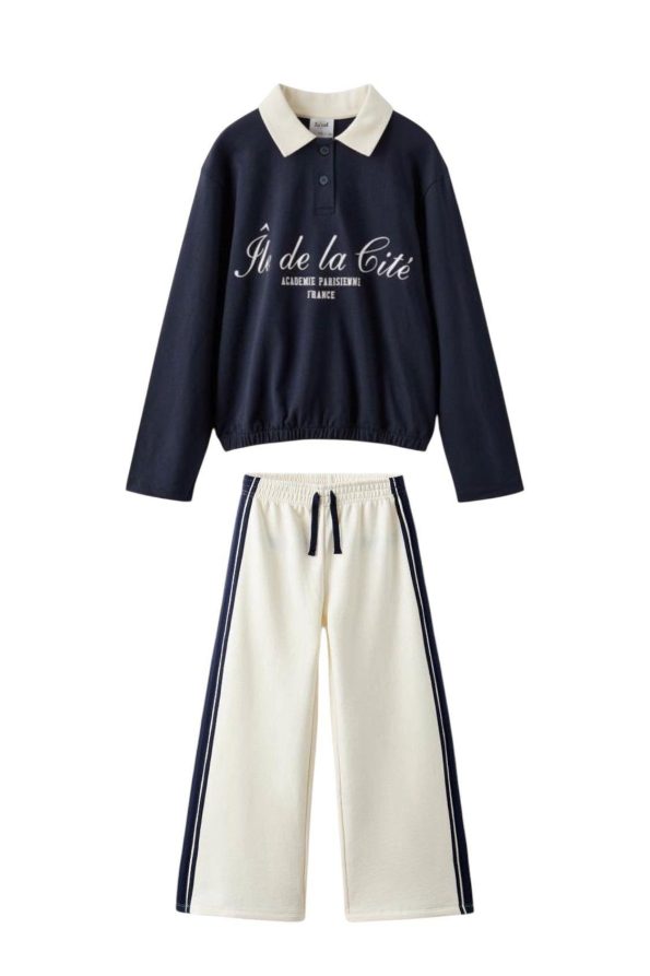 Girls' Cotton Navy Blue-White Paris Print Polo Collar Tracksuit