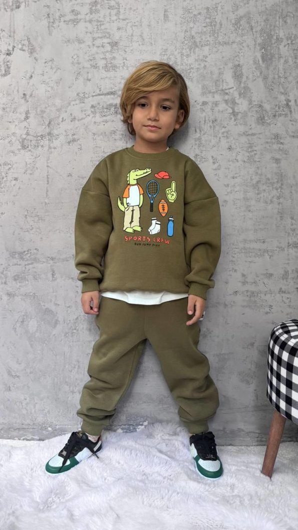 Boys' Cotton Khaki Crocodile Print Sweatshirt and Jogger Set