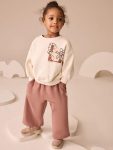 Girls' Cotton Ecru Printed Sweatshirt and Rose Dust Tracksuit - Comfortable Fit