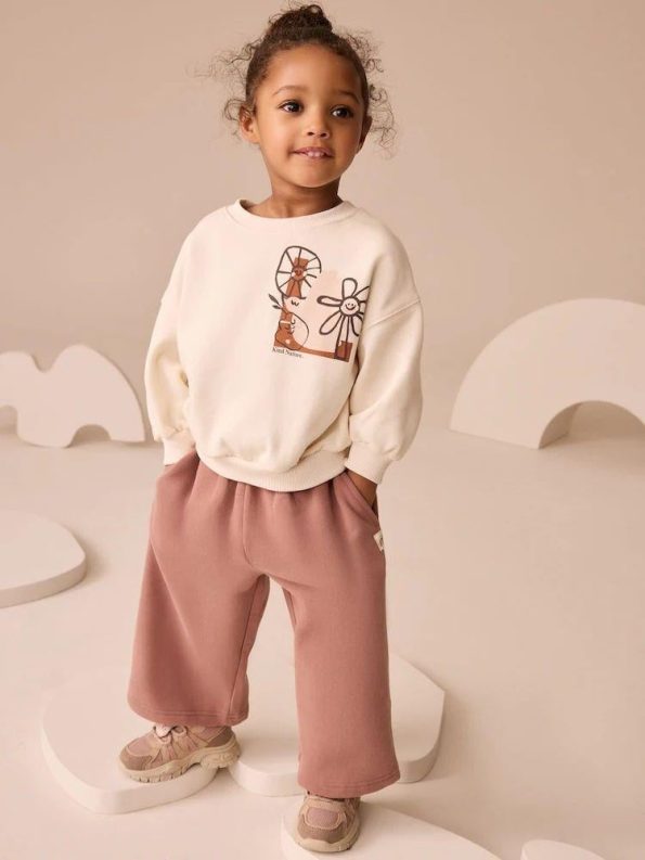 Girls' Cotton Ecru Printed Sweatshirt and Rose Dust Tracksuit - Comfortable Fit