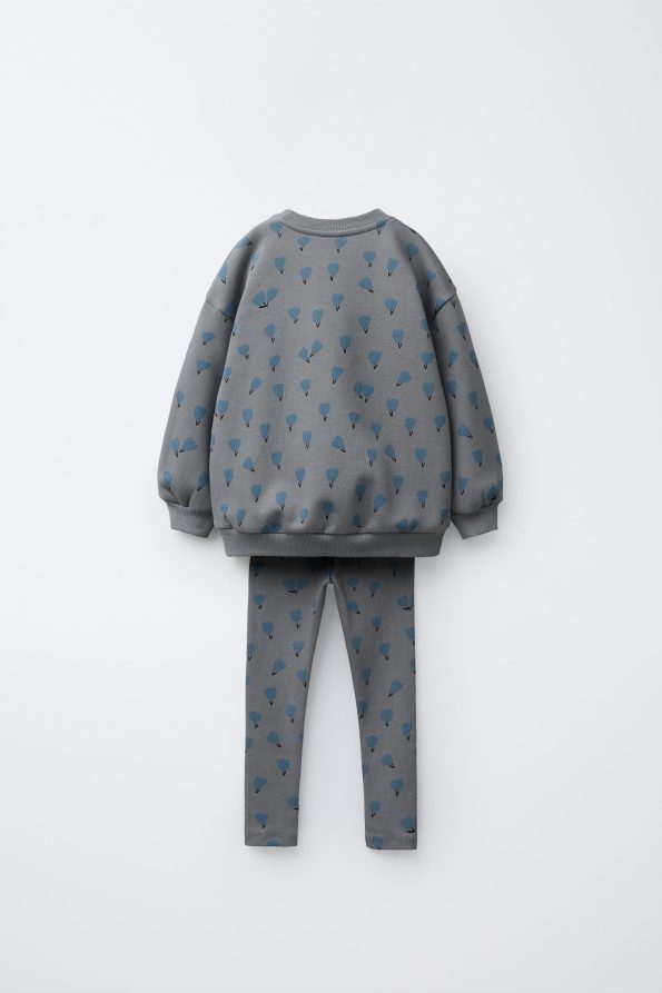 Girls' Cotton Grey Floral Patterned Sweatshirt and Leggings Set