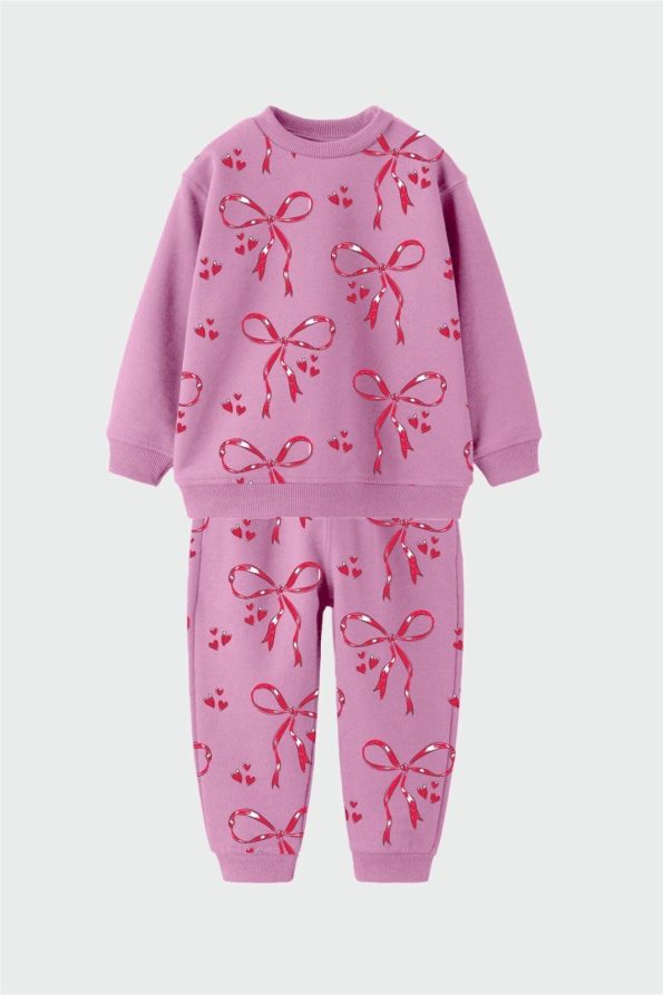 Girls' Cotton Pink Ribbon Patterned Tracksuit - Heart Print Sweatshirt and Pants