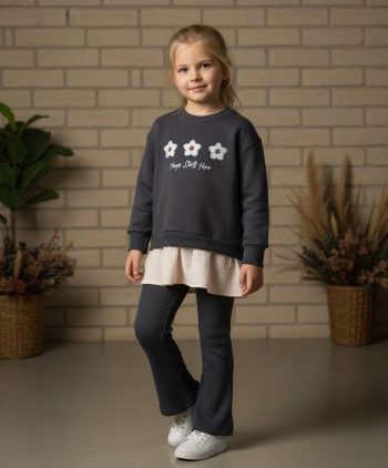 Girls' Cotton Anthracite Flower Embroidered Sweatshirt and Flare Leggings Set