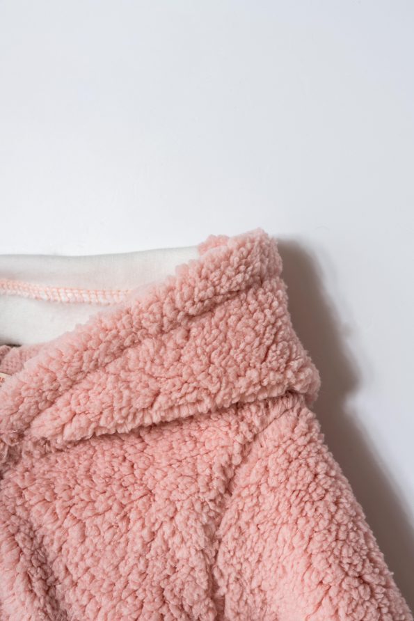 Girls' Cotton Pink Teddy Print Hooded Button-Up Coat with Bear Pocket