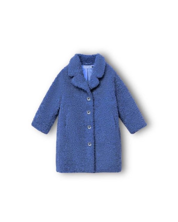 Girls' Cotton Blue Plush Fur Coat - Buttoned, Soft Texture, Lined