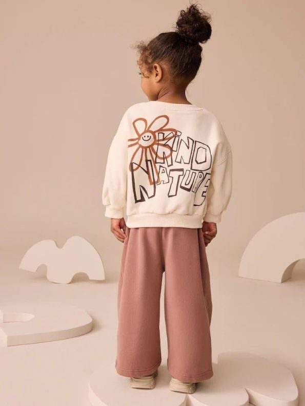 Girls' Cotton Ecru Printed Sweatshirt and Rose Dust Tracksuit - Comfortable Fit