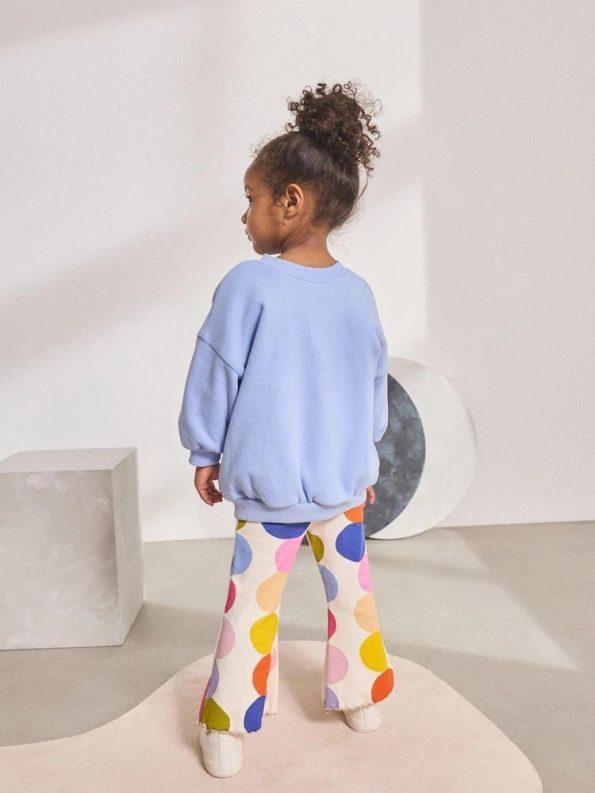Girls' Cotton Blue Sweatshirt and Colorful Polka Dot Flare Pants Set - Energetic Style